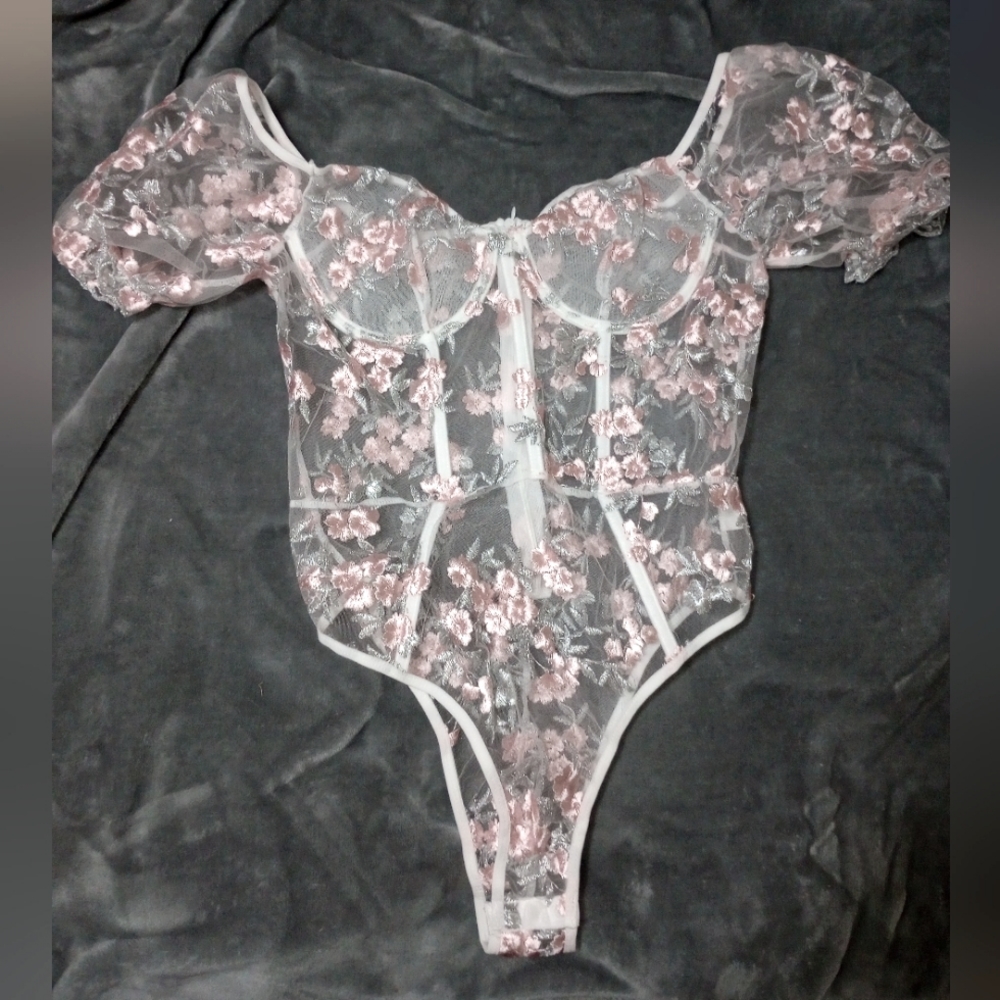 Flower Embroidered Mesh Bustier Bodysuit